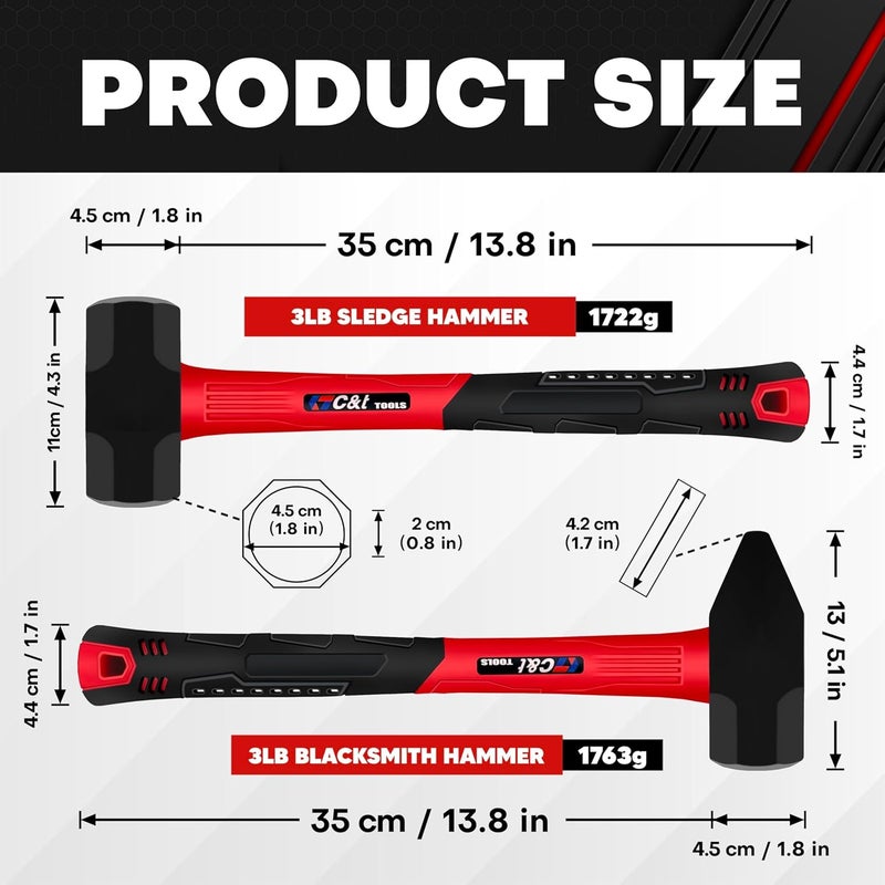 ct 2 Piece Hammer Set, 3lb Sledge Hammer-Drilling Hammer & blacksmith hammer,mini sledge, cross peen hammer, Fiberglass & Soft No-Slip Handle,Perfect for Demolition, Construction and Blacksmithing - Image 2